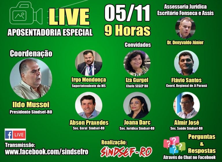  NESTA QUINTA (5): Sindsef convida filiados para live especial sobre Aposentadoria Especial