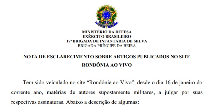 NOTA: Exército questiona publicações que comentam ações militares