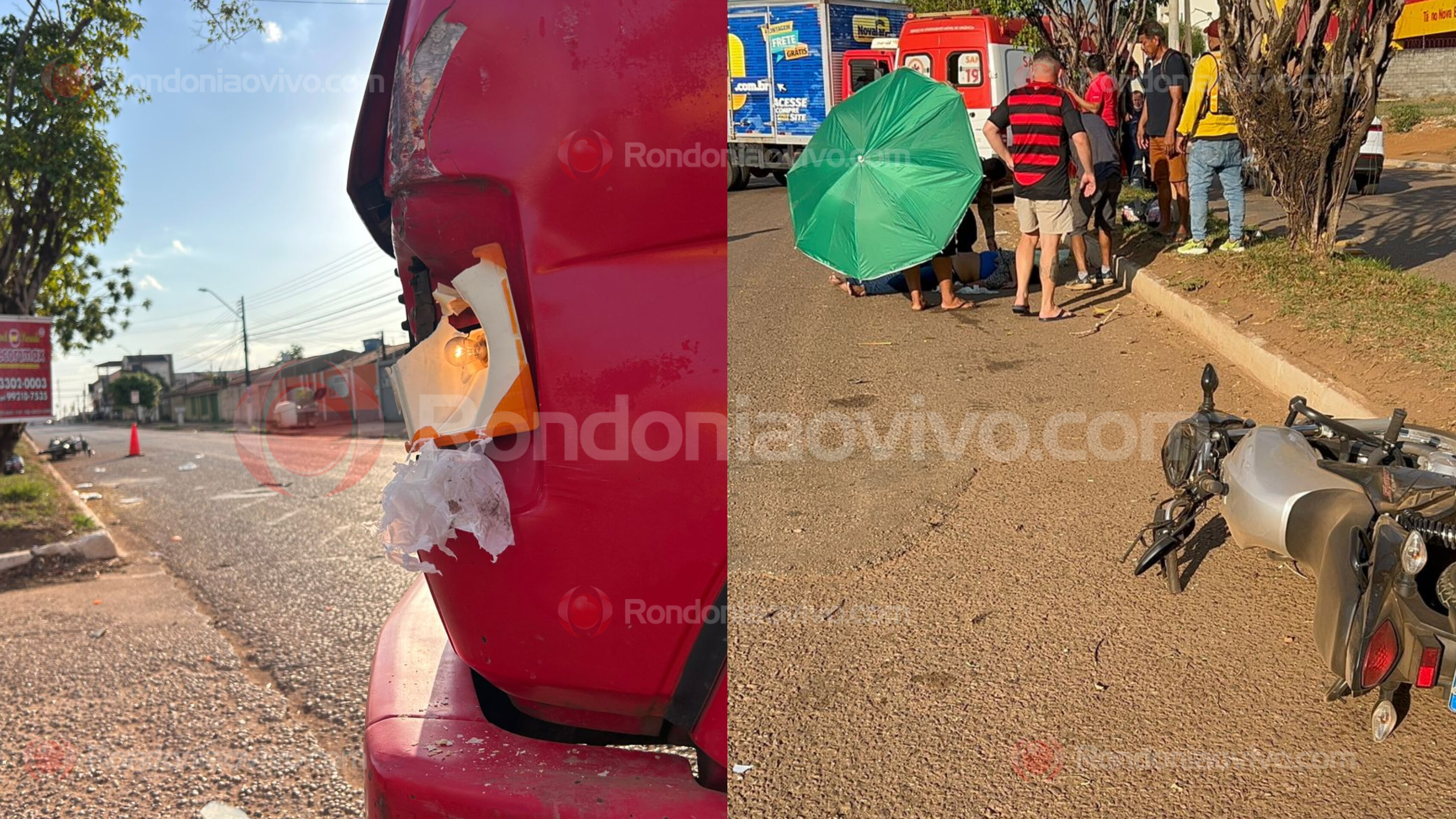 INTUBADA: Mulher fica desacordada após acidente entre moto e caminhão