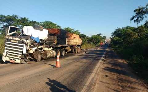 Duas carretas batem de frente, uma delas pega fogo e motorista morre na BR-364