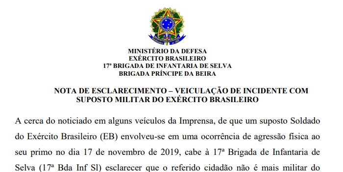 ESCLARECIMENTOS: Exército emite nota sobre homem que disse ser soldado para PM