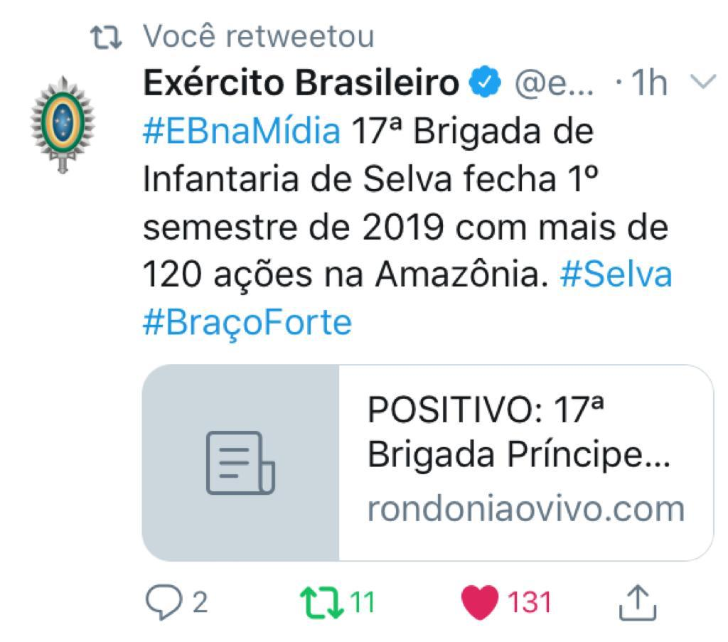 CREDIBILIDADE:  Rondoniaovivo é compartilhado pelo Twitter das Forças Armadas