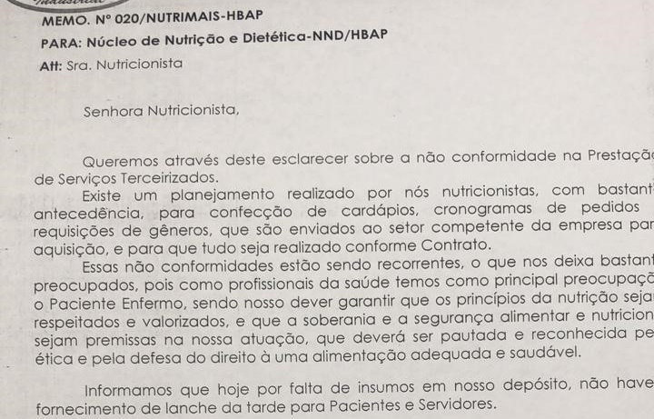 DESCASO: Empresa atrasa entrega de documentos e pacientes ficam sem refeição no HB