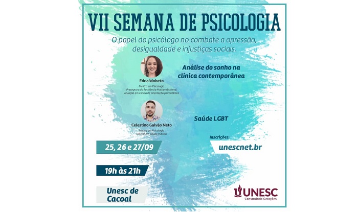 PROGRAMAÇÃO: Dias 25, 26 e 27 de setembro acontece a 6ª Semana de Psicologia da Unesc