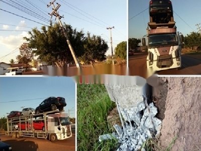 Carreta se enrola em fiação e derruba poste