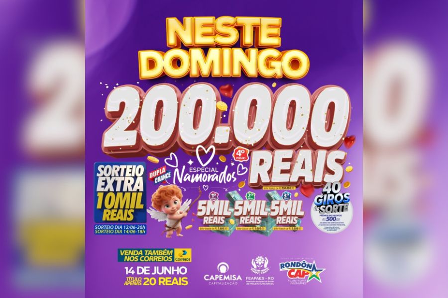 SORTEIO EXTRA RONDÔNCAP: Com apenas 5 reais você ajuda as Apaes e CONCORRE sexta e domingo