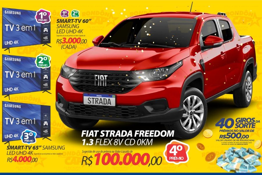 RONDÔNCAP: Concorra a uma Fiat Strada, 3 TVs e 40 giros da sorte por apenas R$10!