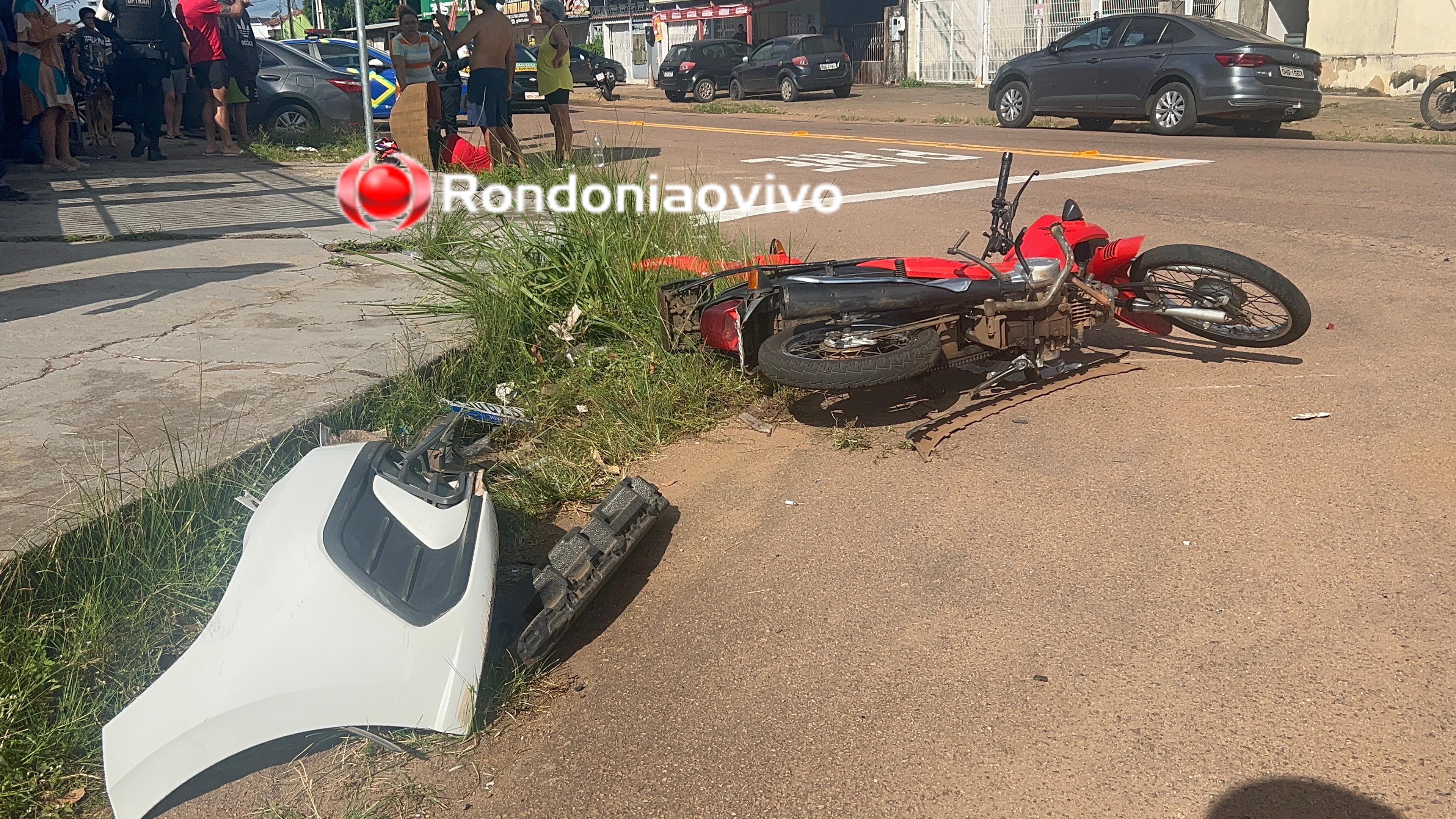 VÍDEO: Condutor de Honda Pop tem fratura exposta na perna ao avançar cruzamento