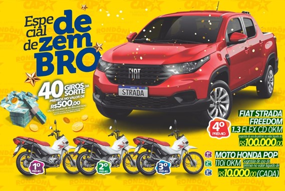 RONDÔNCAP: Pick-Up Strada, 3 Honda POP, 40 giros e o Título só 10 reais