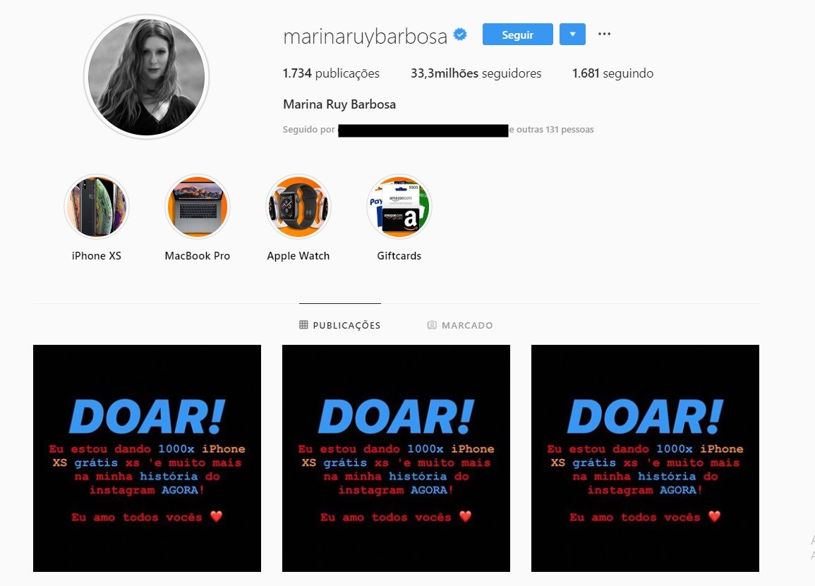 'MEDO': Hackers invadem Instagram de famosa e doam Iphones e Macbooks