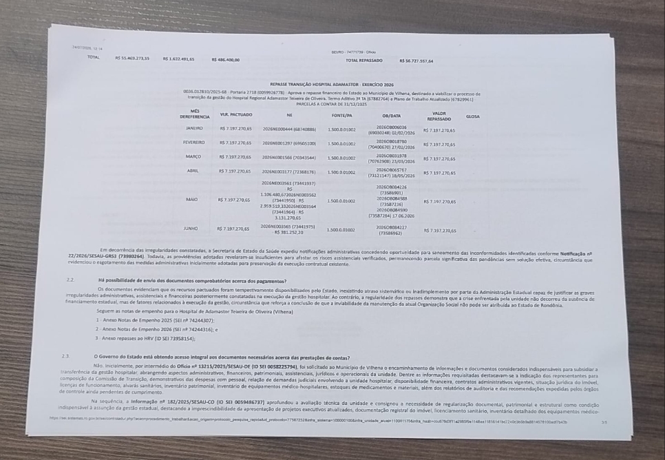 VILHENA: Documento aponta que estado repassou mais de R$ 50 mi para Hospital Regional