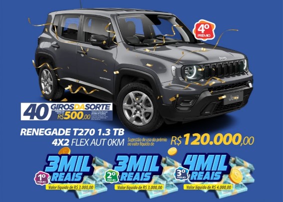 RONDÔNCAP: Jeep Renegade de R$120 mil, 43 prêmios em dinheiro e título só 10 reais