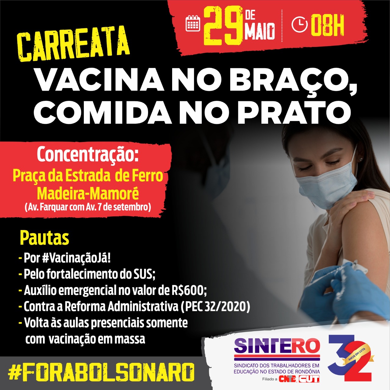 MANIFESTAÇÃO: Sintero convoca filiados para ato nacional em favor da vacinação 