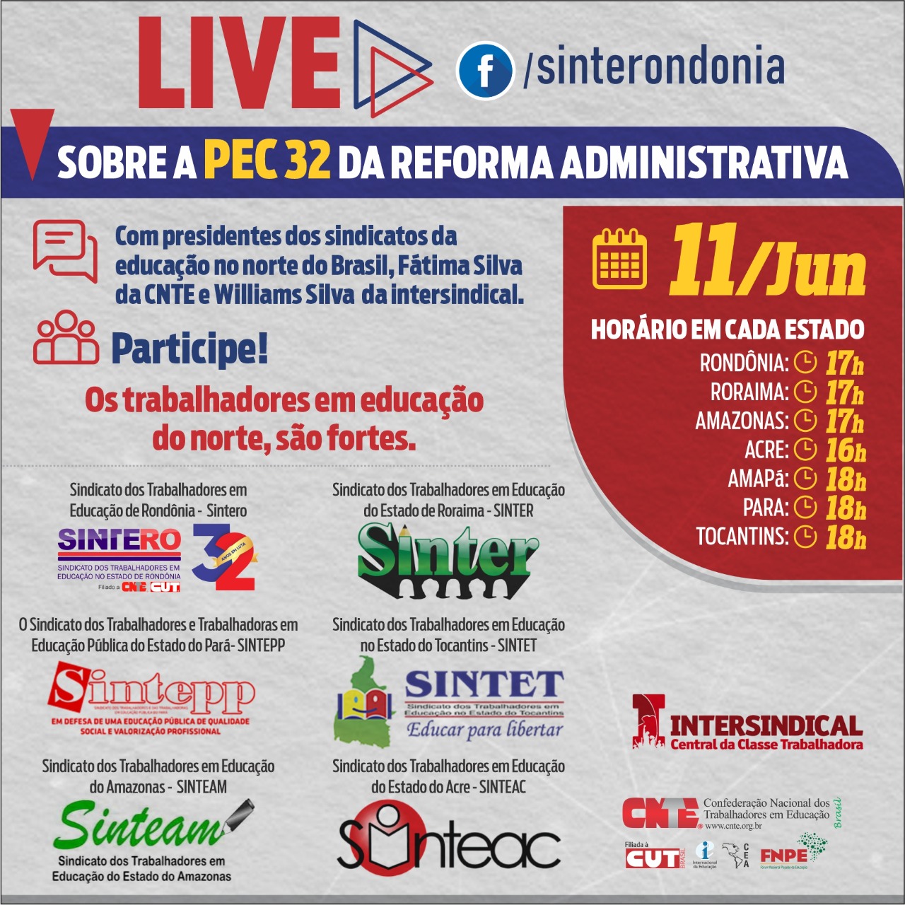 Sindicatos da Educação do Norte do país promovem live sobre a Reforma Administrativa 