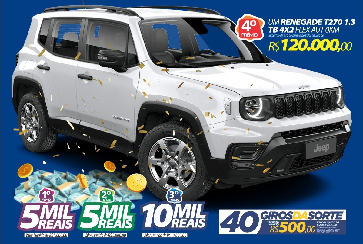 SORTEIO: Jeep Renegade, 43 prêmios em dinheiro e o título só 10 reais