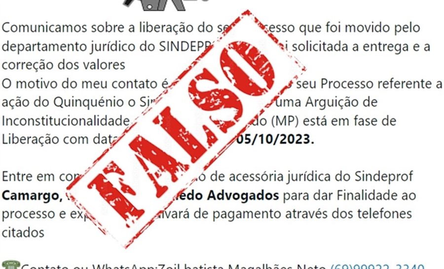 NOTA: Sindeprof alerta para golpes usados com o nome de escritórios de advocacia