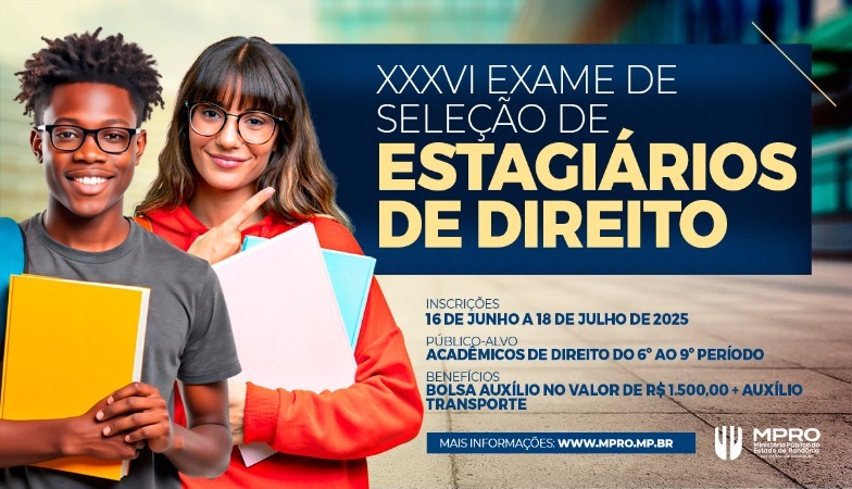 INSCRIÇÕES ABERTAS: MPRO seleciona estudantes de Direito para programa de estágio