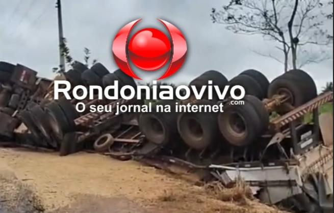 VÍDEO: Carreta carregada de soja tomba na Estrada da Penal em Porto Velho