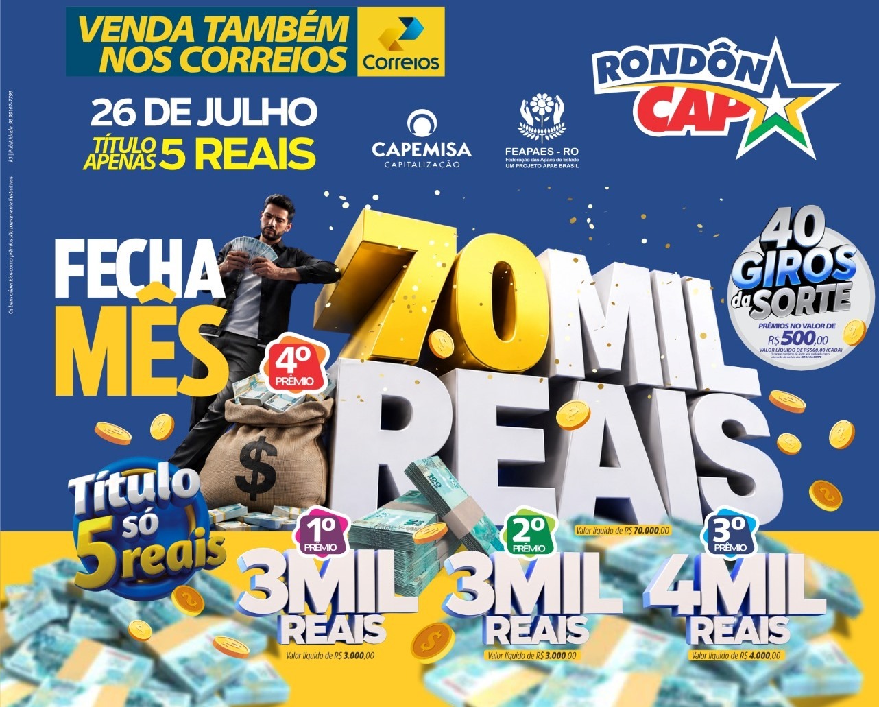 RONDONCAP: Domingo com R$ 70 mil no 4º prêmio e título só 5 reais