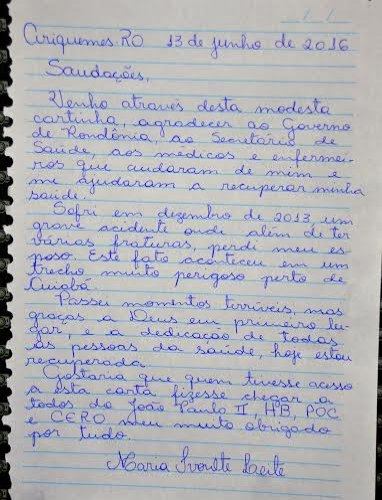 Em carta, paciente agradece setor de saúde de Rondônia