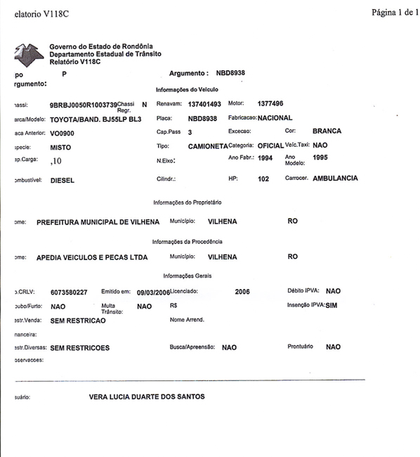 Documento do Detran com dados da ambulância