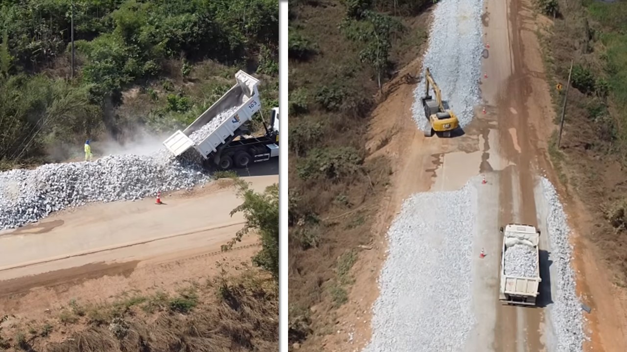 BRITA GRADUADA: BR-425 recebe aterro de pedras para elevar pista e dar mais resistência 