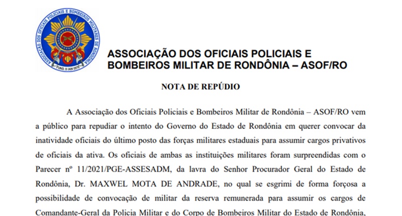  Nota de repúdio da Associação dos Oficiais Policiais e Bombeiros Militar de Rondônia