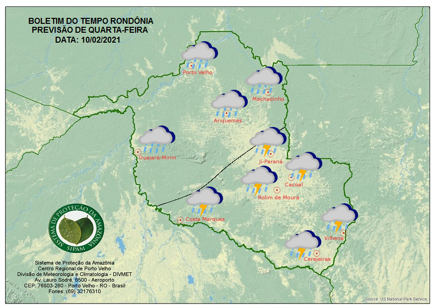 CLIMA: Sipam prevê tempo chuvoso para esta quarta-feira (10) em Rondônia