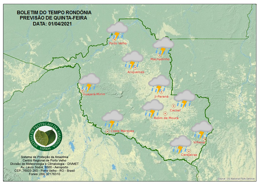 Sipam diz que 1º de abril será de sol entre muitas nuvens e chuva em Rondônia