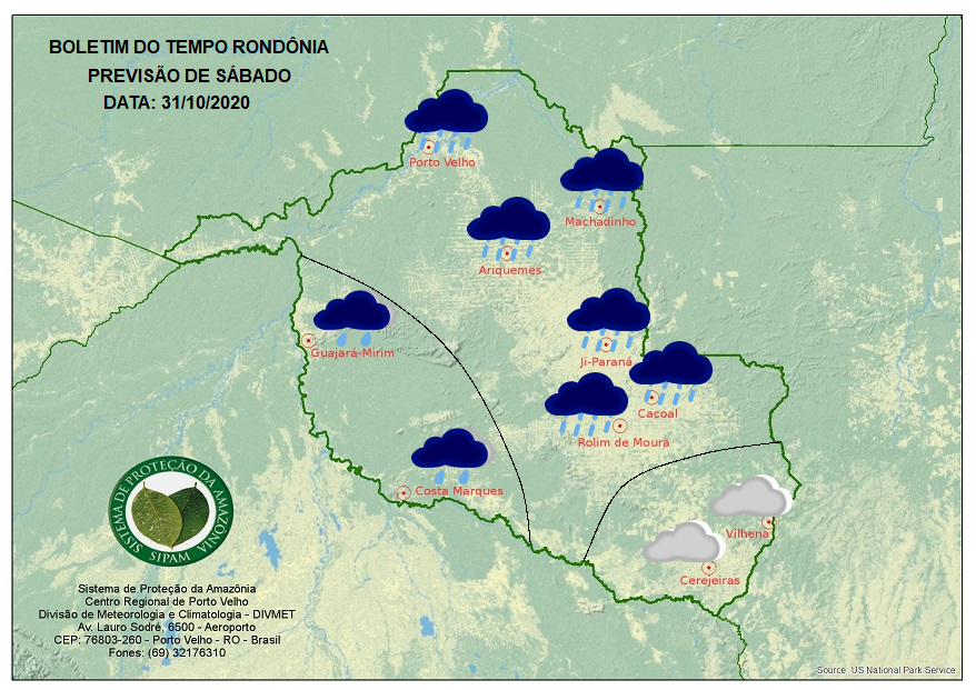 CHEGADA DA FRIAGEM: Sipam diz que sábado (31) será de tempo chuvoso em grande parte de RO