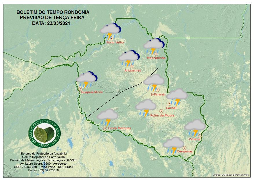 BOLETIM DO TEMPO:  Sol aparece pouco e Sipam prevê chuva nesta terça-feira (23), em Rondônia