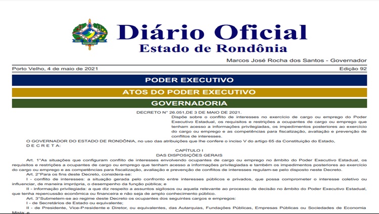 AÇÃO:  Governo de Rondônia publica decreto visando o combate a corrupção