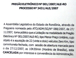 Assembléia cancela compra de 22 caminhonetes que iria atender deputados