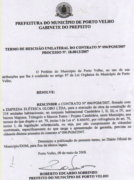 PROJETO CANDELÁRIA - Ofício do Gabinete assinado por prefeito confirma rompimento com empresa terceirizada responsável pela obra