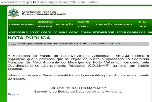 Sema destaca nota publicada pela Sedam que afirma que processo apreendido é de sua competência
