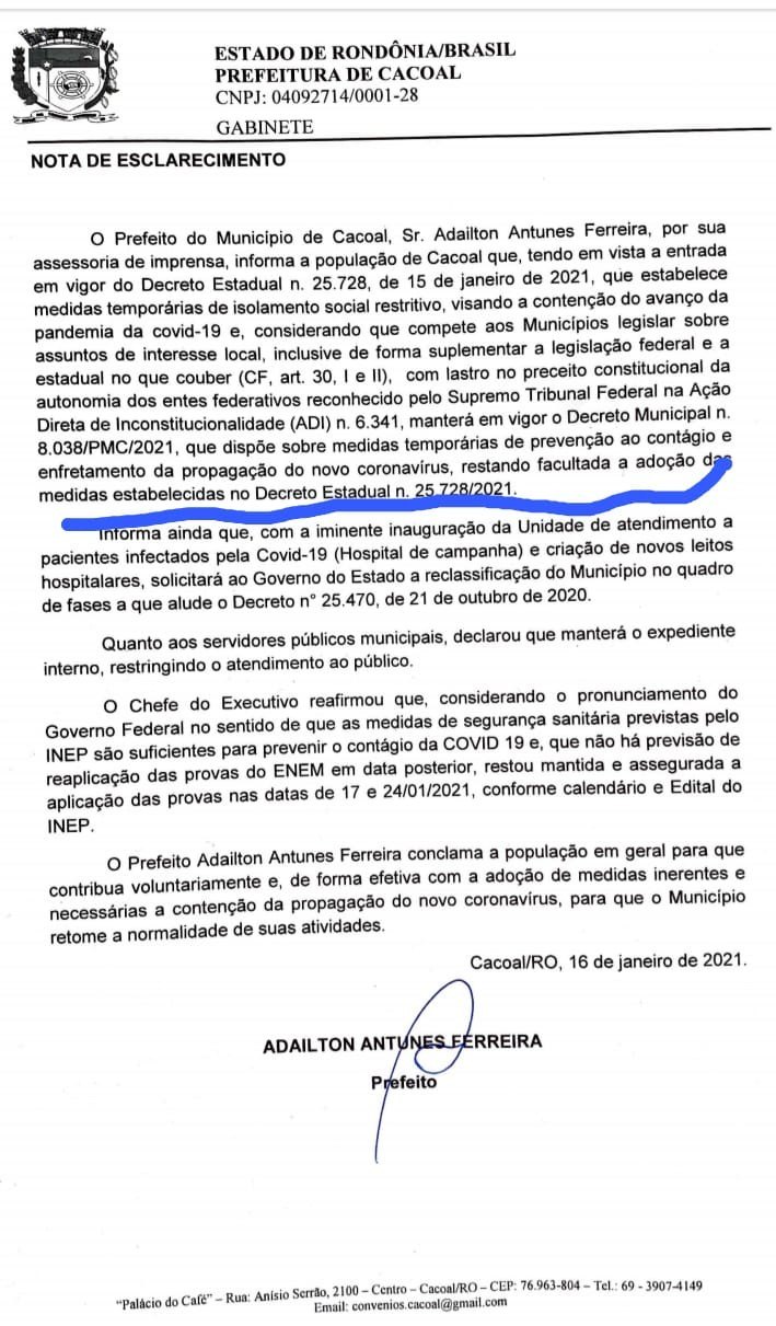 CACOAL: Fúria emite nota dizendo que o decreto do Estado não vale 