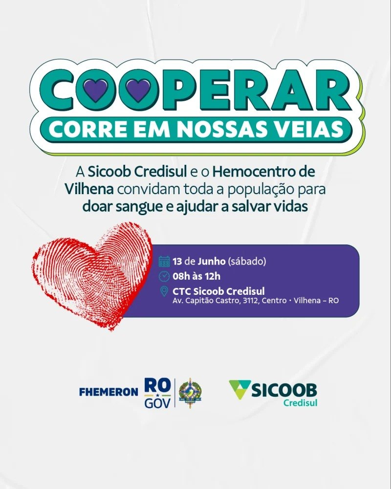 NESTE SÁBADO: Campanha 'Cooperar Corre em Nossas Veias' mobiliza doadores em Vilhena