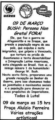 Entidades estudantis de Porto Velho preparam mobilização anti-Bush