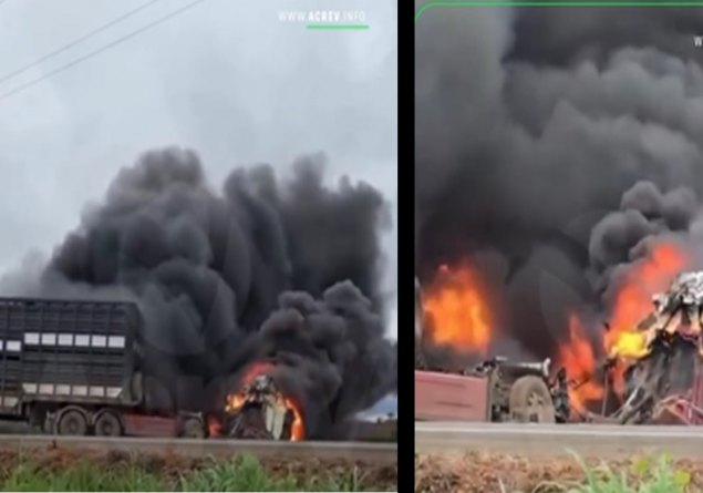 MOTORISTA FICOU FERIDO: Caminhão pega fogo após colisão na BR-364 em Pimenta Bueno